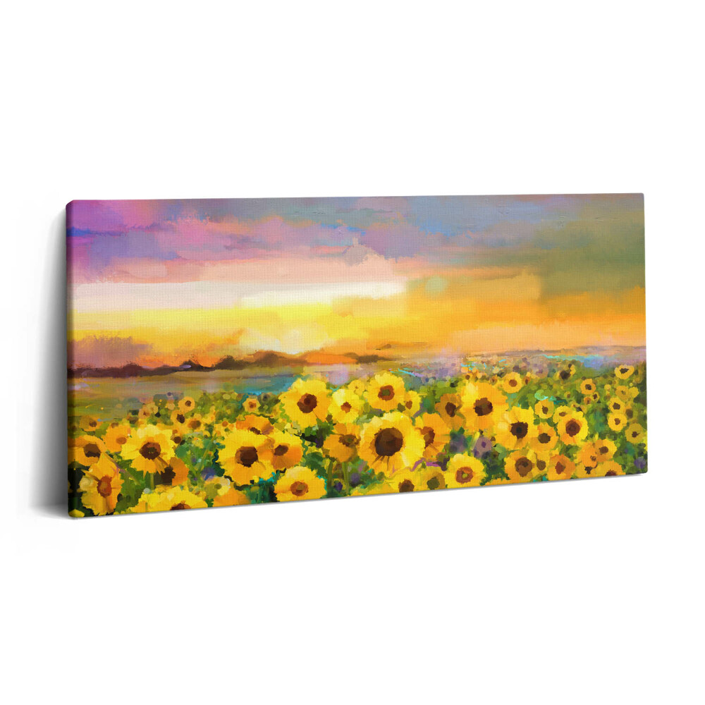 Imprimare tablou canvas 120x60 Câmp de floarea-soarelui și apus de soare
