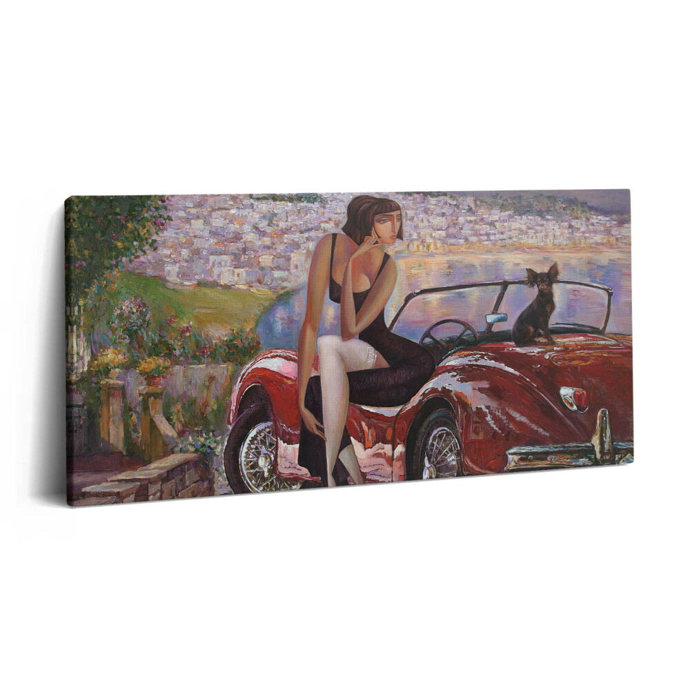 Imprimare tablou canvas 120x60 Mașină retro și femeie cu câine în mașină