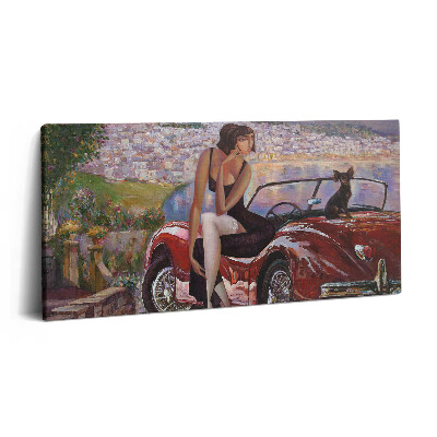 Imprimare tablou canvas 120x60 Mașină retro și femeie cu câine în mașină