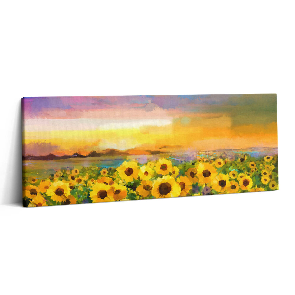 Print pe canvas 125x50 Câmp de floarea-soarelui și apus de soare