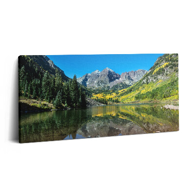 Print pe pânză 140x70 Munți și păduri lângă lac