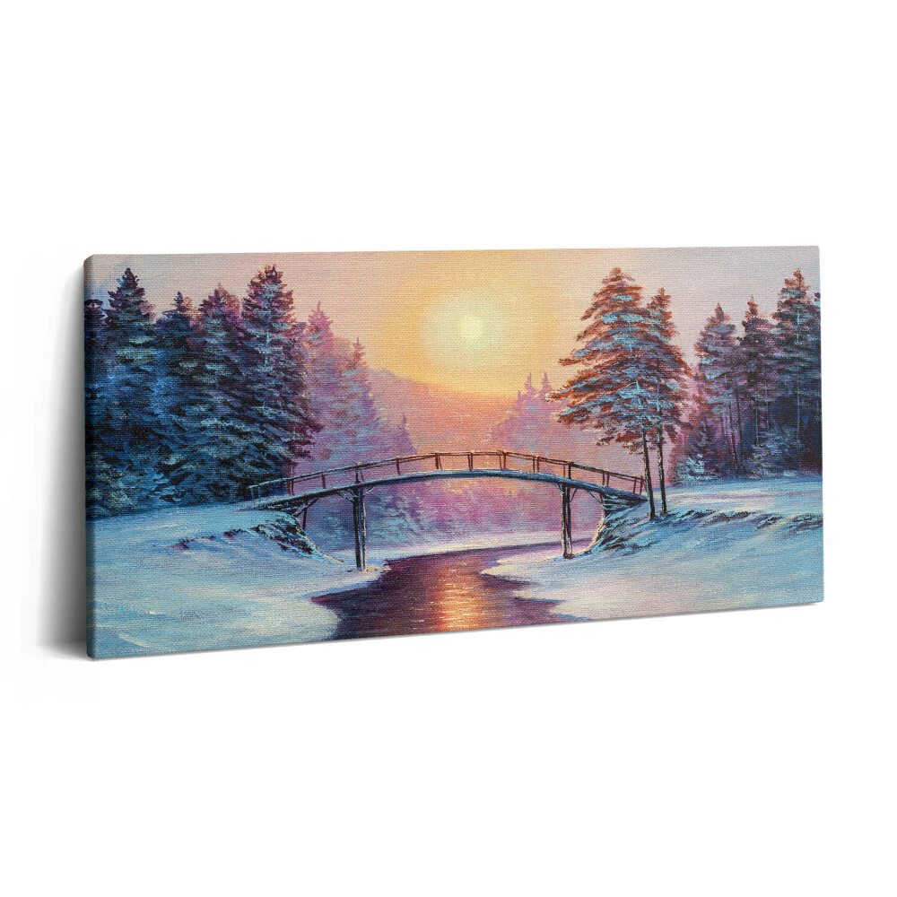 Print pe pânză 140x70 Pictură - Pod peste râu și apus de soare de iarnă