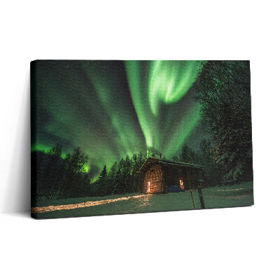 Tablou canvas 30x20 Aurora boreală și o casă în pădure