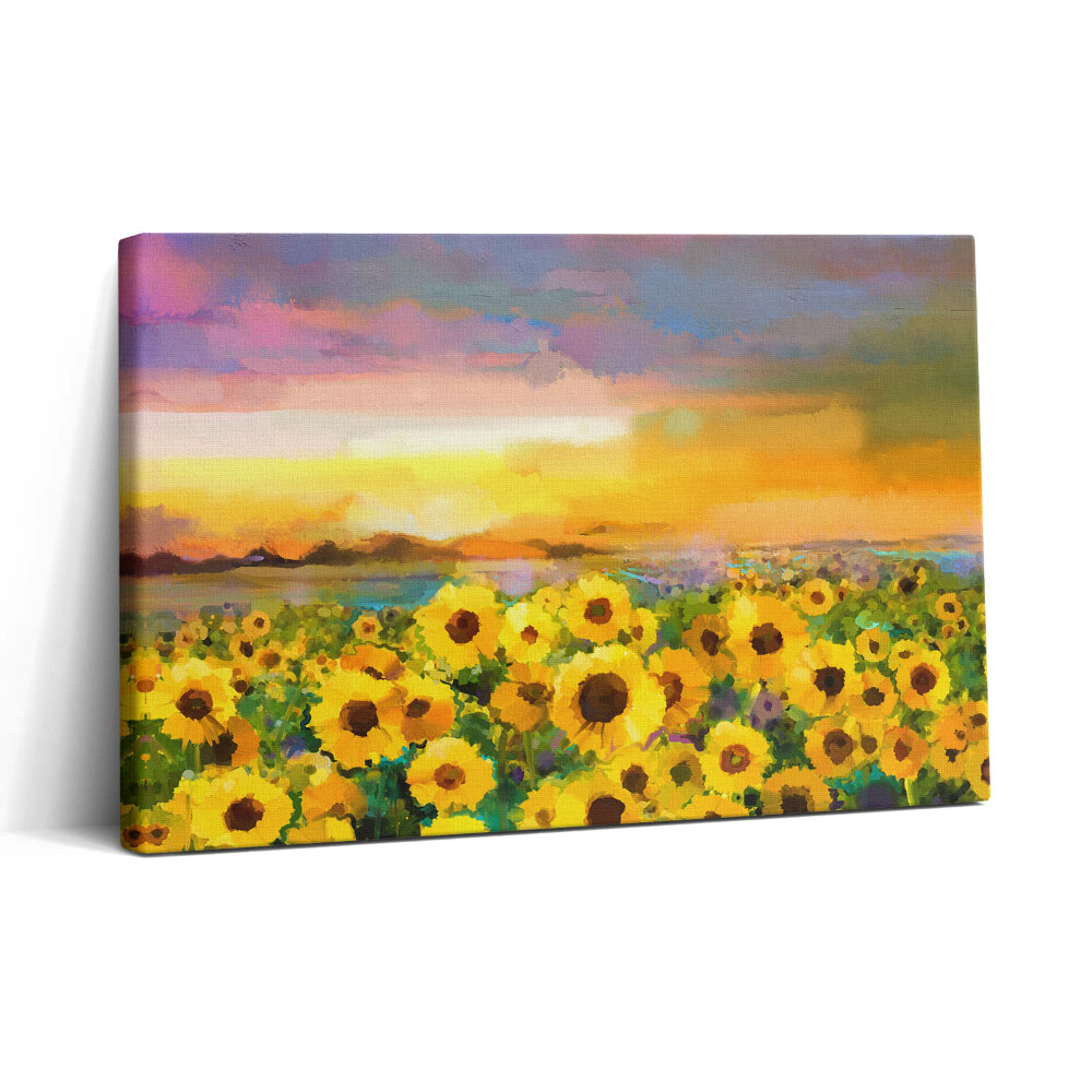 Tablou canvas 30x20 Câmp de floarea-soarelui și apus de soare