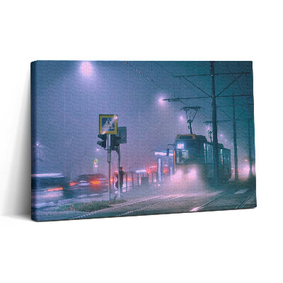 Tablou canvas 30x20 Varșovia în ceață noaptea