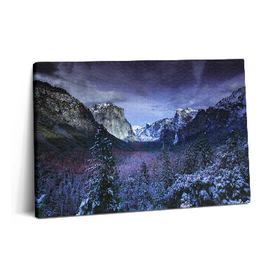 Tablou pe pânză 60x40 Peisaj de iarnă cu munți și păduri