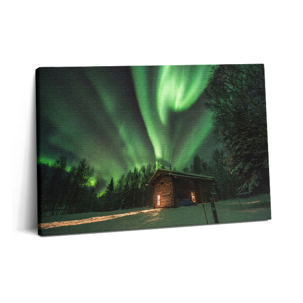 Tablou pe pânză 60x40 Aurora boreală și o casă în pădure