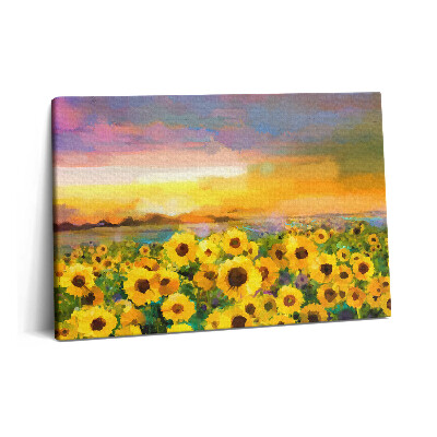 Tablou pe pânză 60x40 Câmp de floarea-soarelui și apus de soare