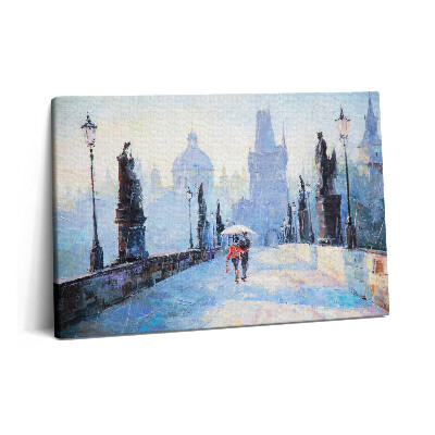 Tablou pe pânză 60x40 Artă în ulei - cuplu îndrăgostit sub o umbrelă