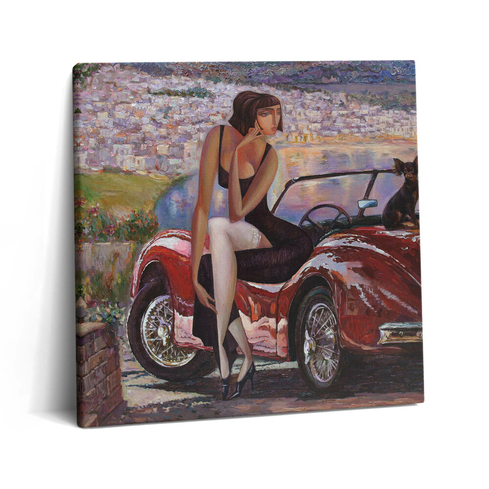 Tablou pe pânză canvas 60x60 Mașină retro și femeie cu câine în mașină