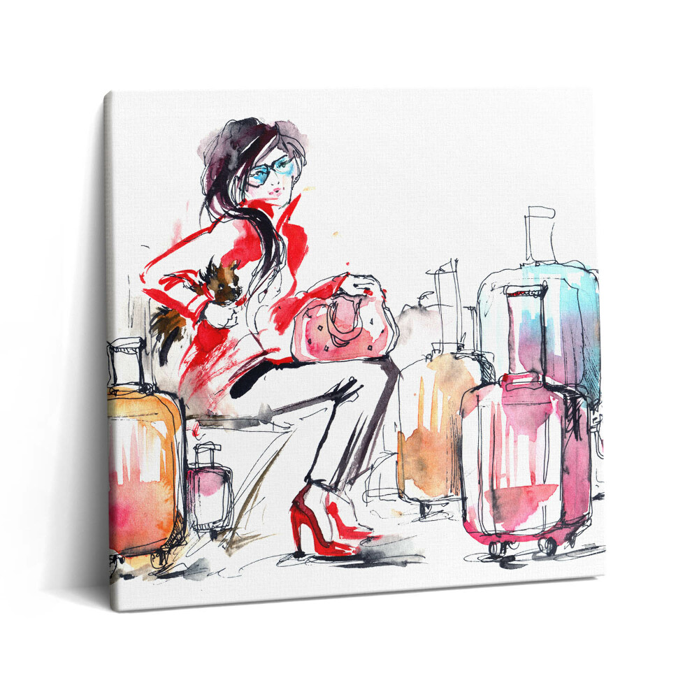 Tablou pe pânză canvas 60x60 Femeie pictată cu valize