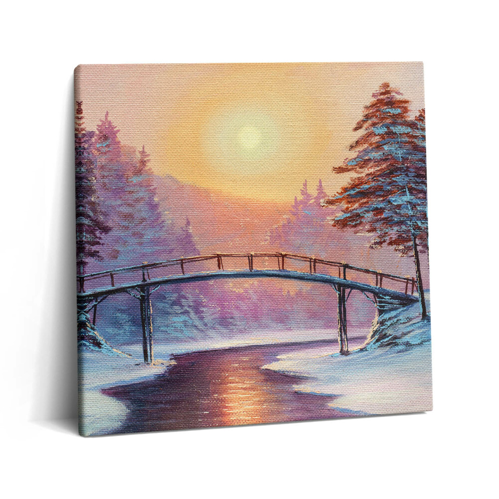 Tablou pe pânză canvas 60x60 Pictură - Pod peste râu și apus de soare de iarnă