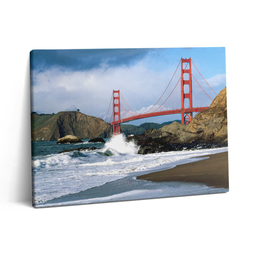 Pictură pe pânză 80x60 Valuri pe malul mării și podul roșu