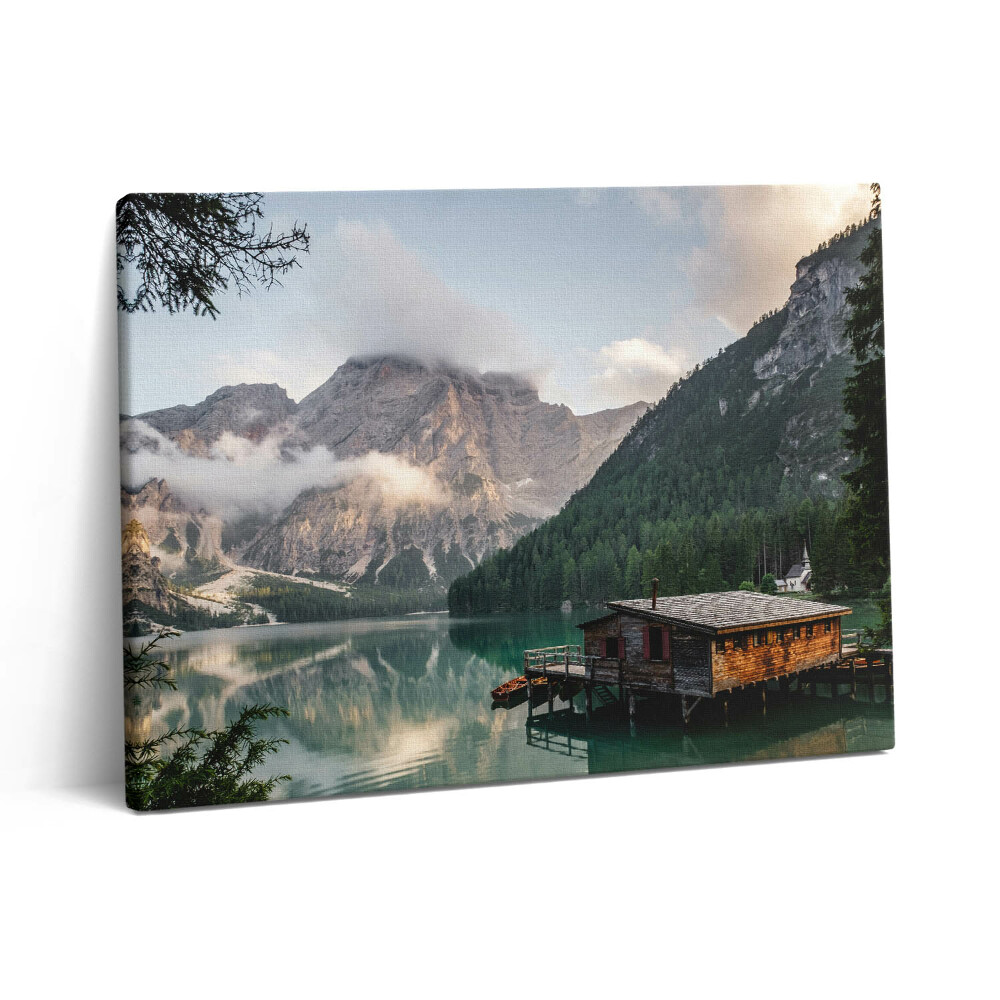 Pictură pe pânză 80x60 Casă la lac în munți