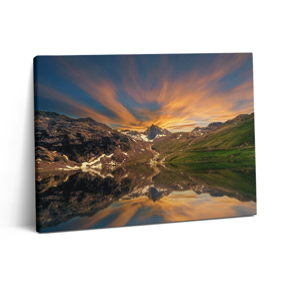 Pictură pe pânză 80x60 Lacul de munte și apusul soarelui