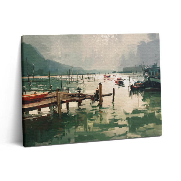 Pictură pe pânză 80x60 Ilustrație digitală a bărcilor de pescuit în port