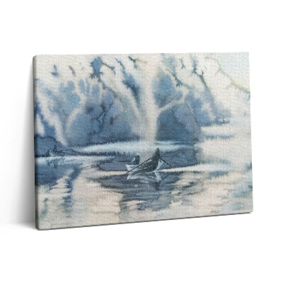 Pictură pe pânză 80x60 Lac și barcă de iarnă