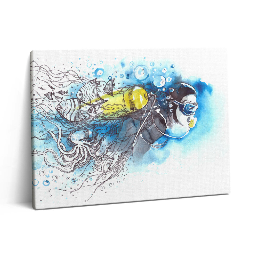 Pictură pe pânză 80x60 Viața subacvatică a unui scafandru printre pești