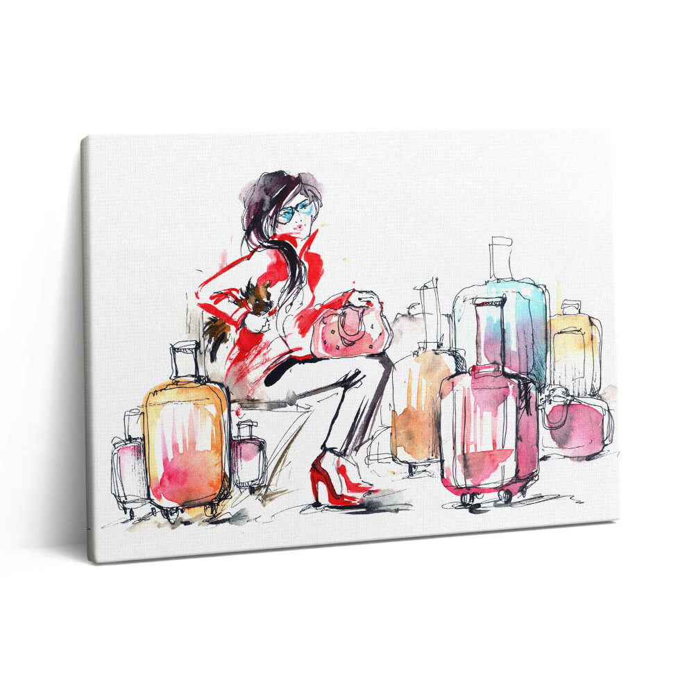 Pictură pe pânză 80x60 Femeie pictată cu valize