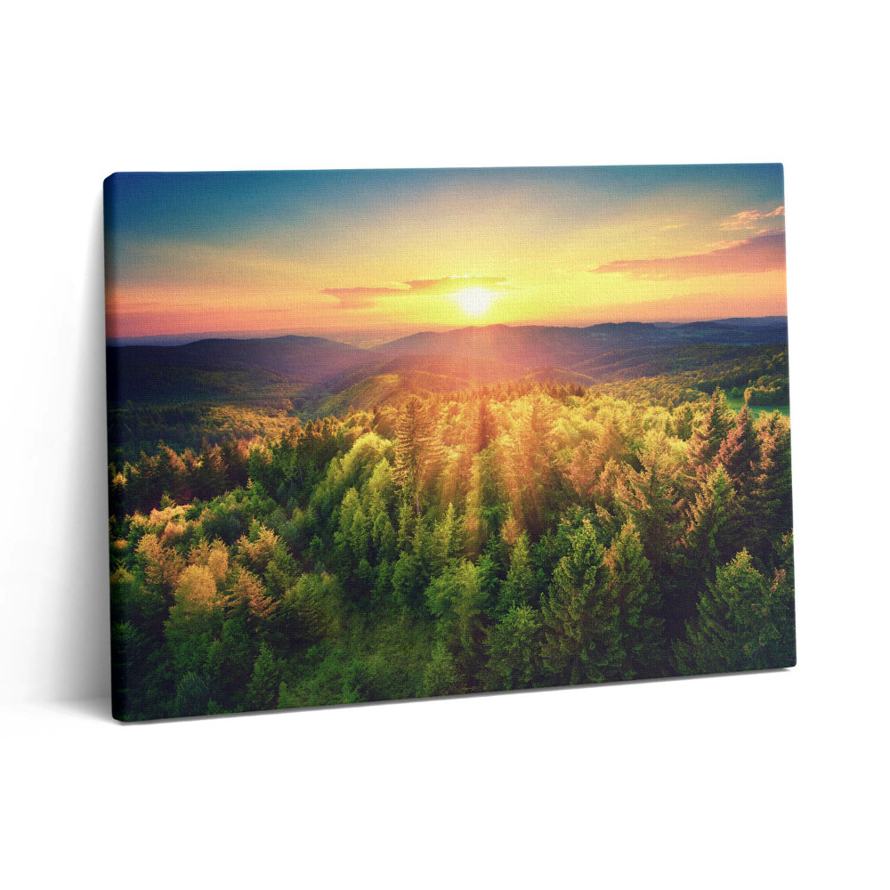 Pictură pe pânză 80x60 Apus de soare peste dealurile pădurii