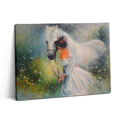 Pictură pe pânză 80x60 Femeie frumoasă cu un cal