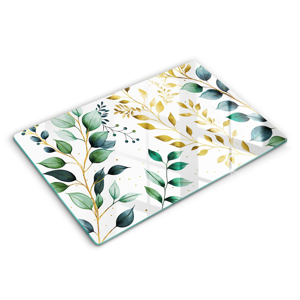 Modern placă din sticla protectie perete bucatarie Frunze verzi și aurii 80x52 cm