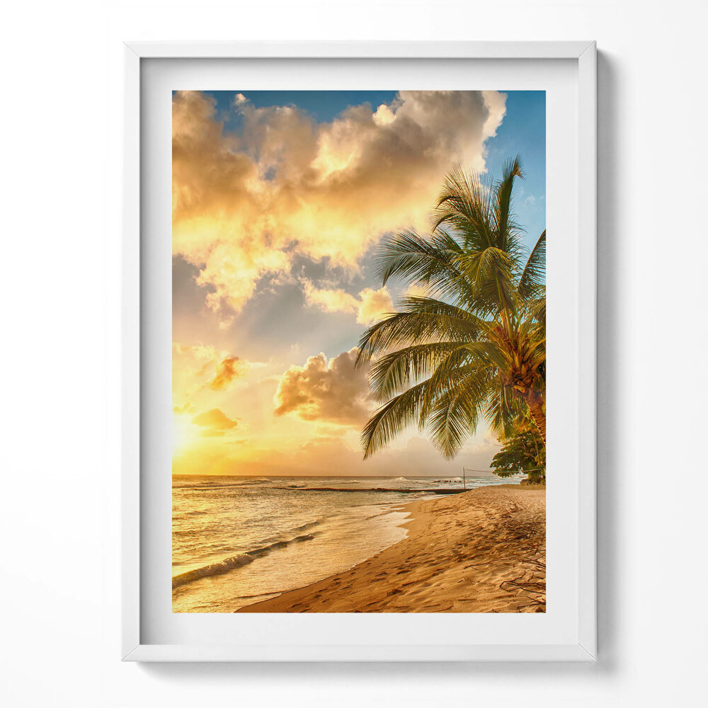 Tablou living cu rama Palm Beach și mare la apus