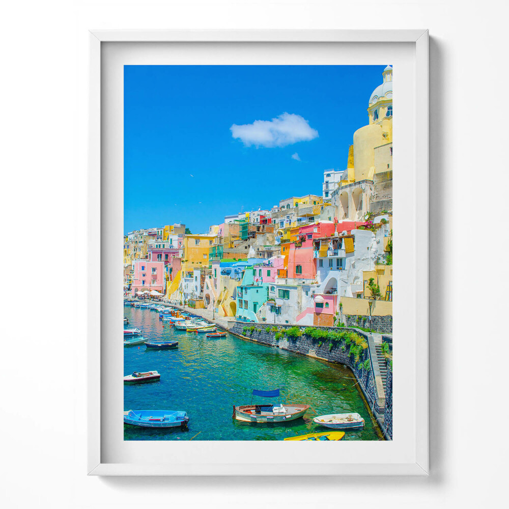 Tablou living cu rama Oraș de coastă și bărci