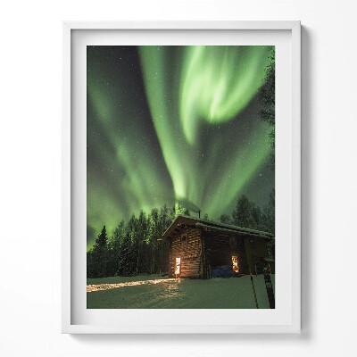 Tablou rama Aurora boreală și o căsuță în pădure