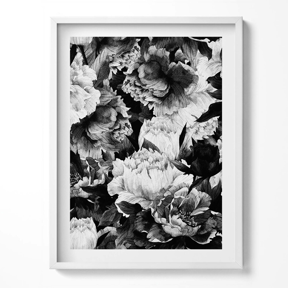 Tablou living cu rama Bujori cu flori albe și negre