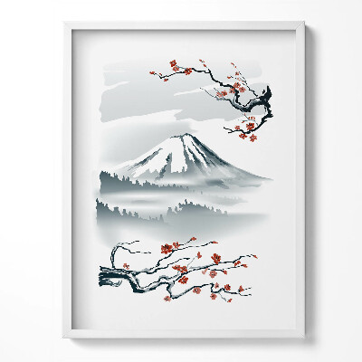 Tablou living cu rama Ilustrație japoneză a Muntelui Fuji și a florilor de cireș