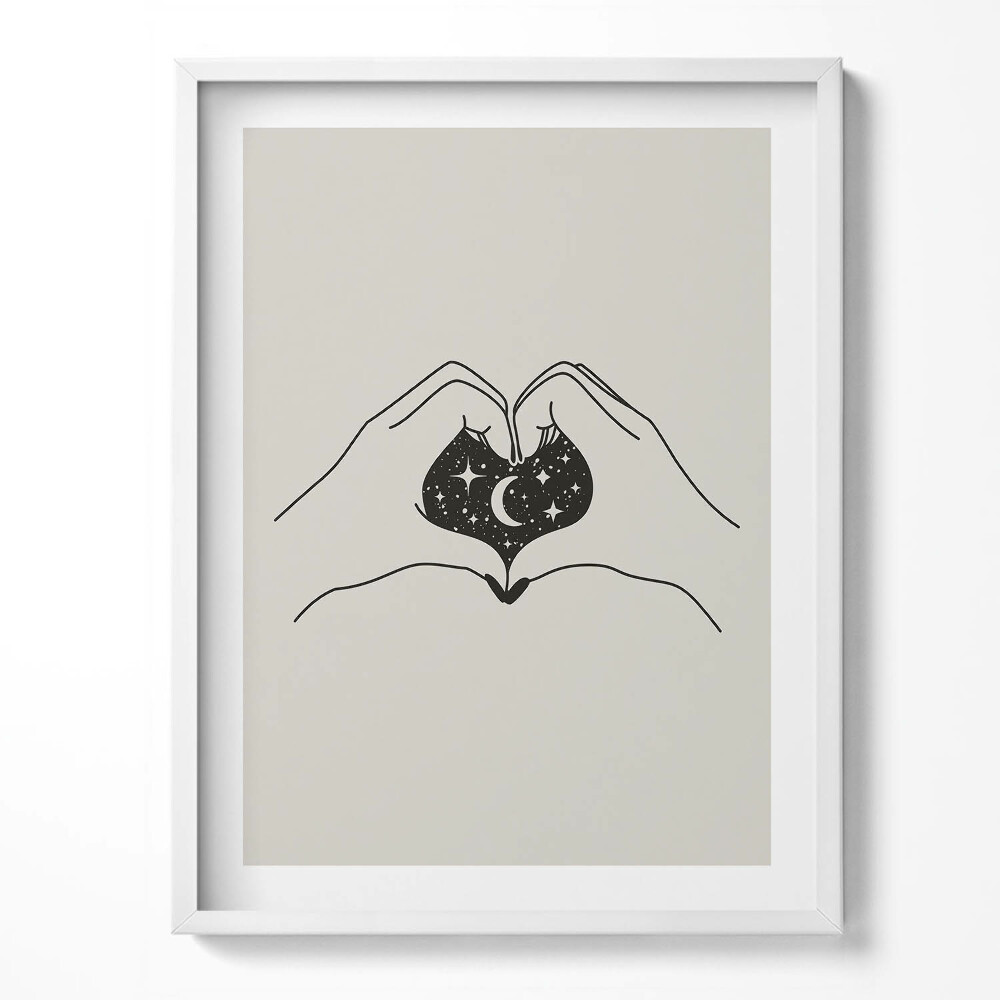 Tablou living cu rama Inimă de palmier și spațiu - ilustrație