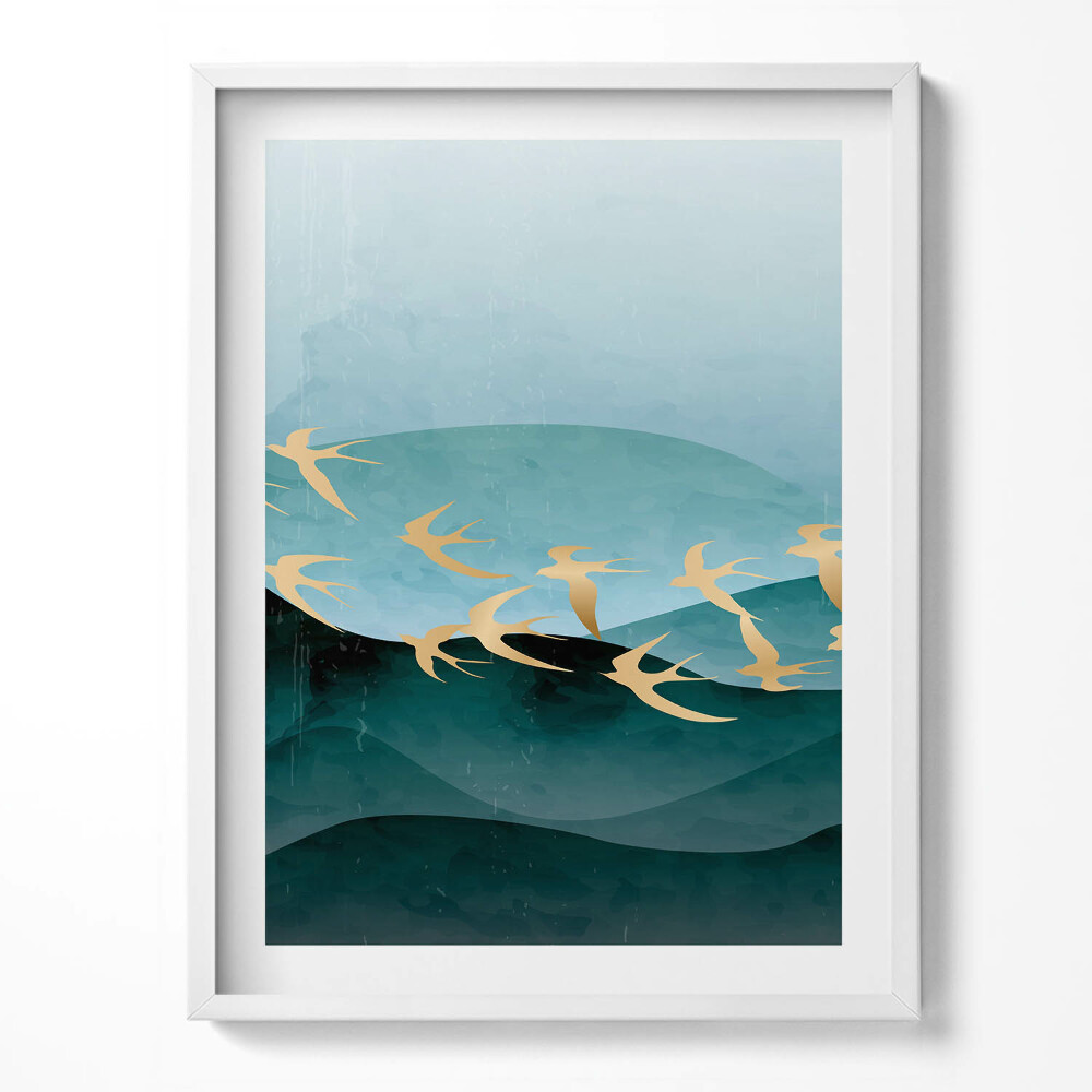 Tablou living cu rama Ilustrație a păsărilor aurii pe cer