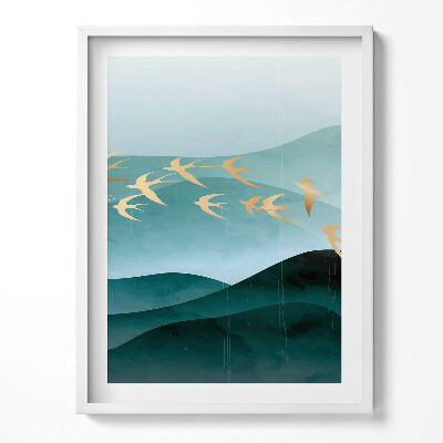 Tablou living cu rama Ilustrație a păsărilor aurii pe cer