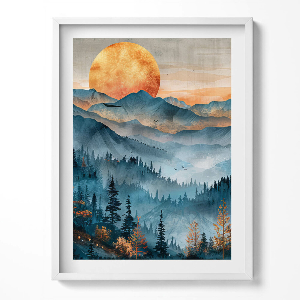 Tablou rama Peisaj abstract al soarelui peste munți și păduri