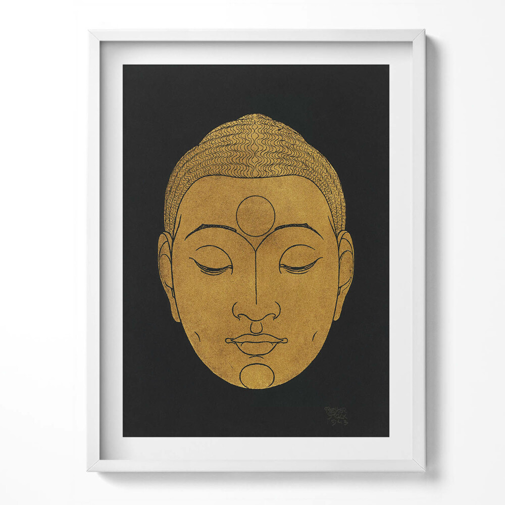 Tablou living cu rama Cap de Buddha de aur