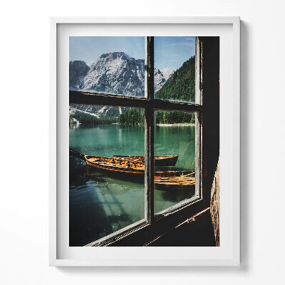 Tablou living cu rama O vedere de la fereastră spre un lac cu o barcă