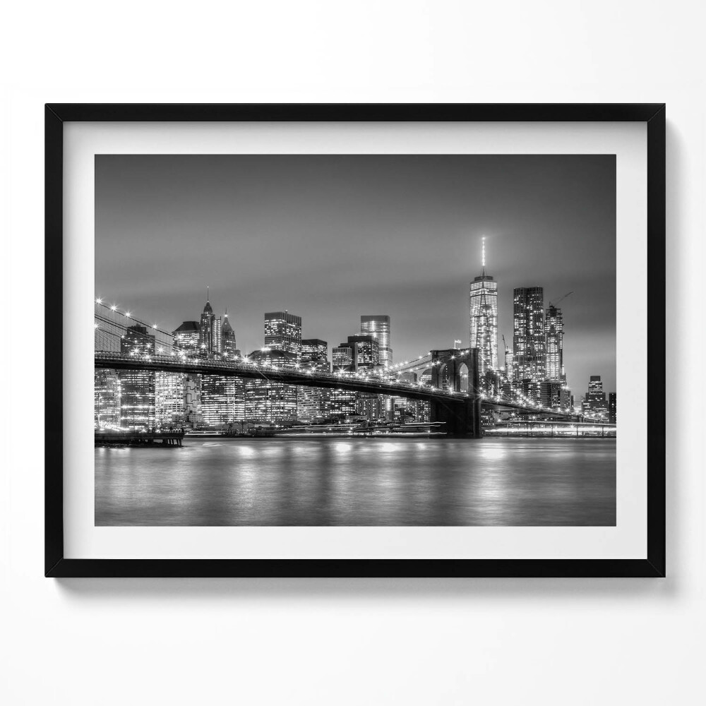 Tablou living cu rama Podul Brooklyn din New York noaptea