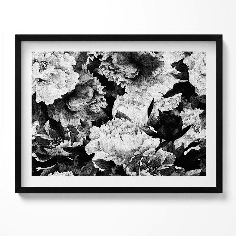 Tablou rama Bujori cu flori albe și negre