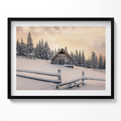 Tablou rama Peisaj al unei cabane montane iarna și la apus