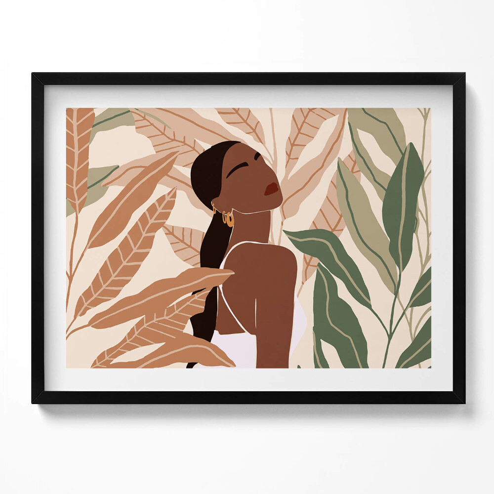 Tablou living cu rama Ilustrație a unei femei printre frunze în stil boho