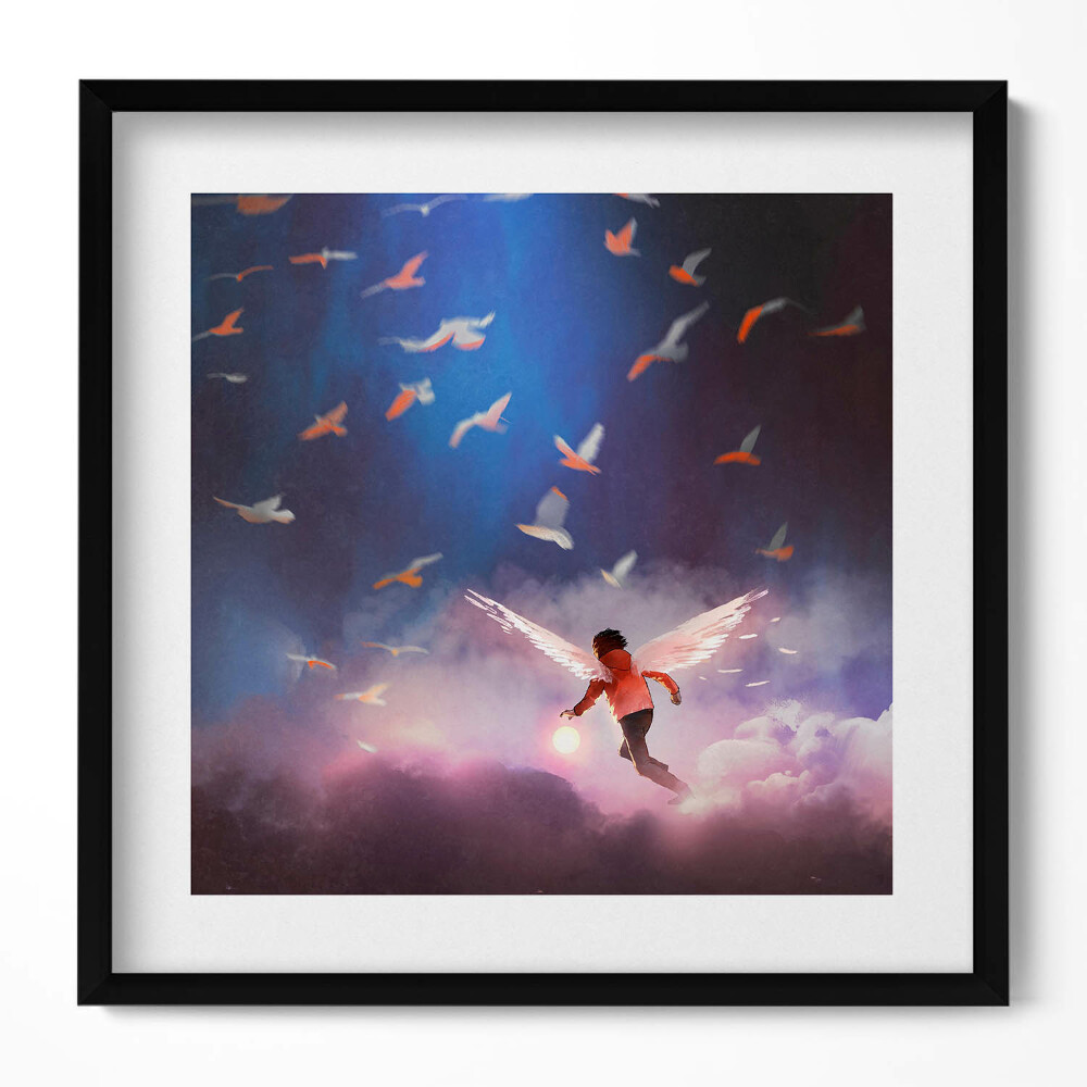 Tablou living cu rama unic Băiat cu aripi de înger