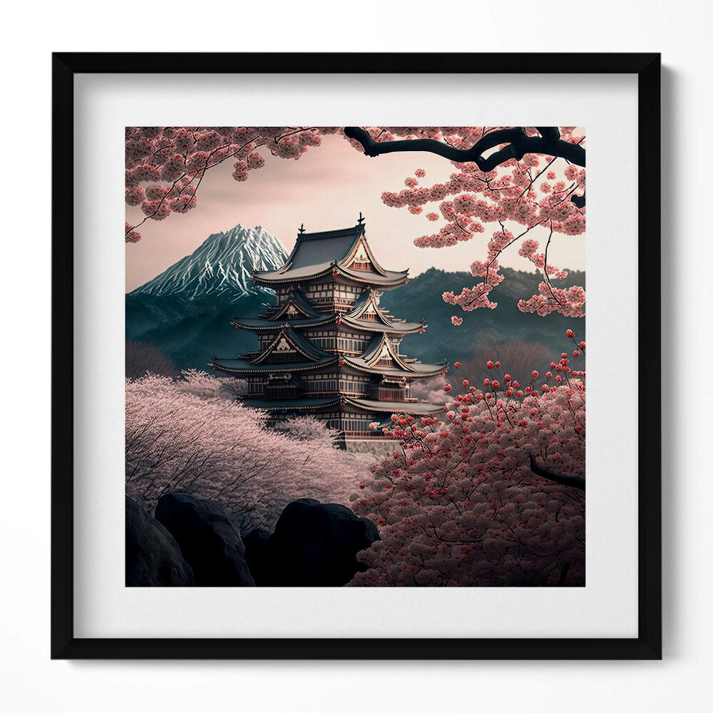 Tablou living cu rama unic Turnul Asiatic și Florile de Cireș