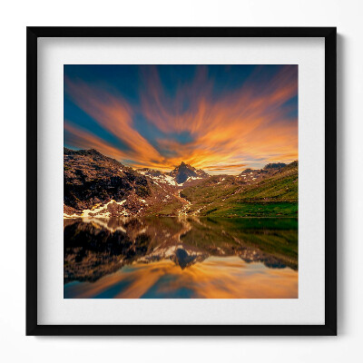 Tablou rama unic Lacul de munte și apusul soarelui