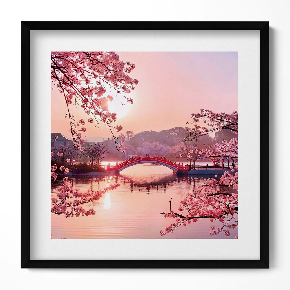 Tablou rama unic Flori de cireș și pod - stil japonez