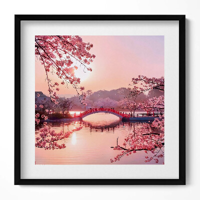 Tablou rama unic Flori de cireș și pod - stil japonez