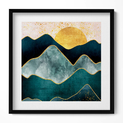 Tablou living cu rama unic Peisaj abstract de munți și soare auriu