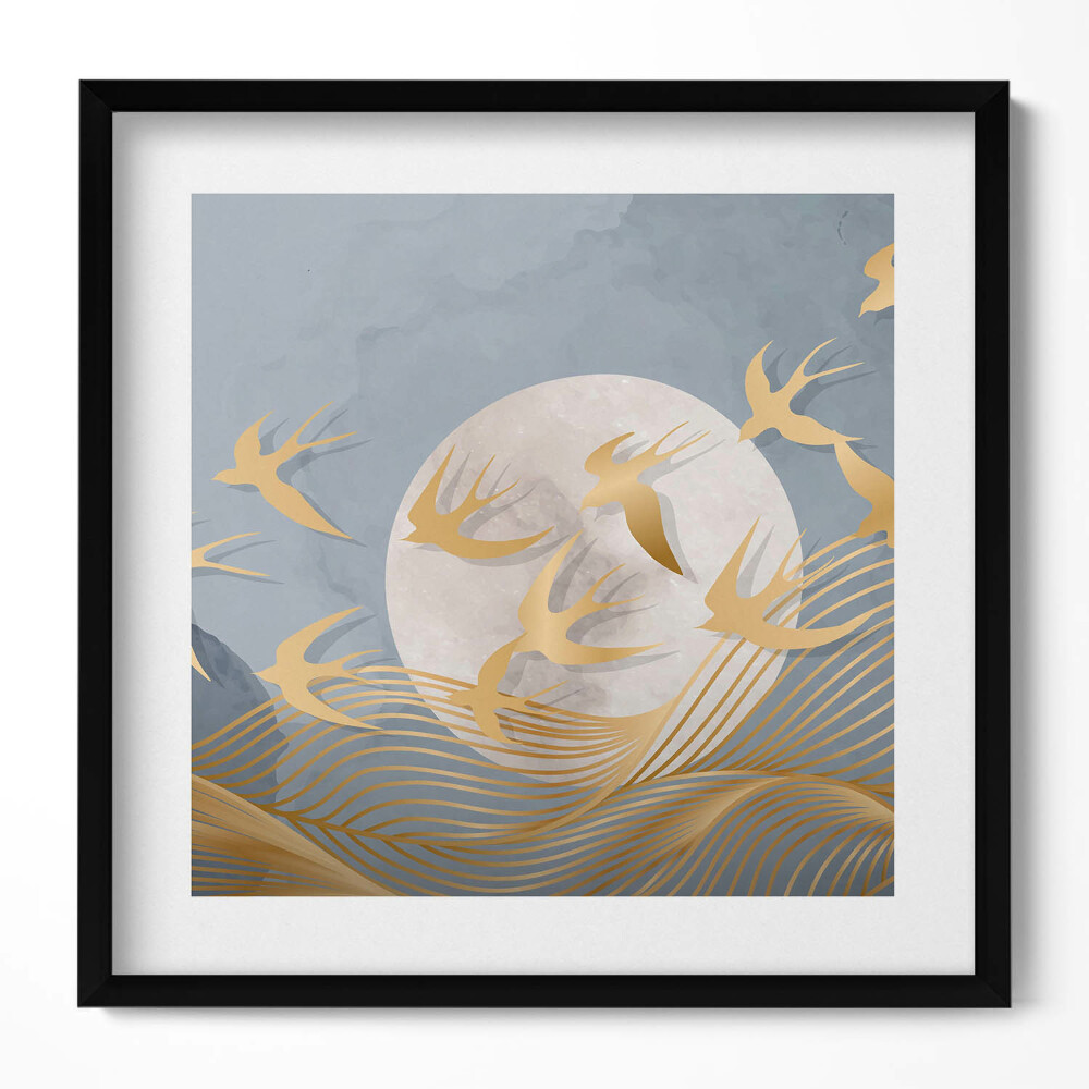 Tablou living cu rama unic Ilustrație a lunii și a păsărilor care zboară