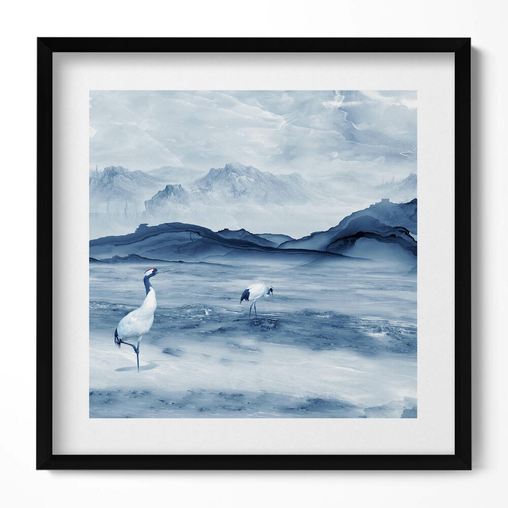 Tablou rama unic Peisaj pictat al unui lac și al unor macarale