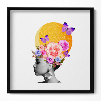Tablou living cu rama unic Cap de femeie cu flori și fluturi